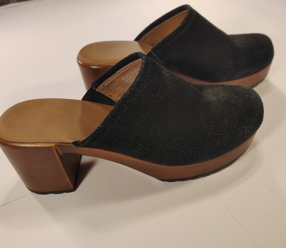 Crown Vintage Black Suede Clogs Womens 9 Wood Platform Mules 70s Retro Boho